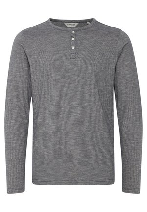 Gray long-sleeve henley shirt made of soft fabric, featuring a round neckline, three-button front placket, and subtle texture.