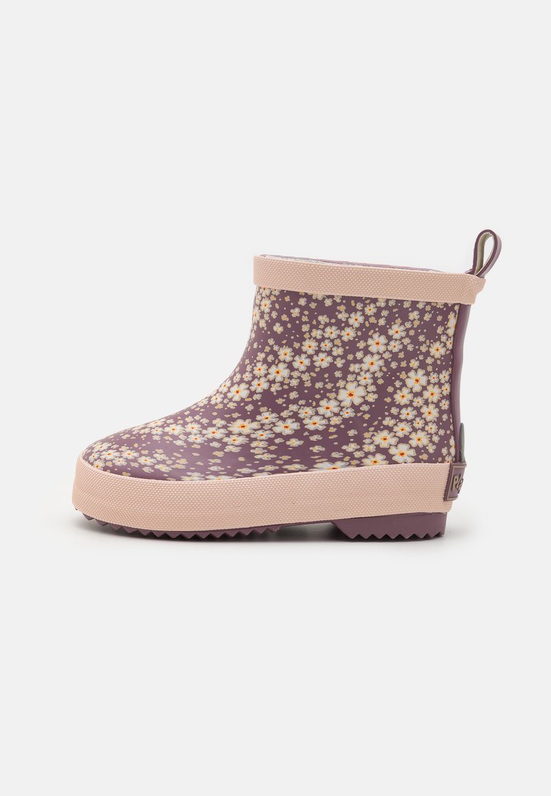 Purple floral rain boot with a textured surface, pink rubber trim, and a grooved sole. Features a pull tab at the back for easy wear.