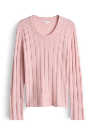 Lichtroze geribbelde trui met lange mouwen en een brede, ronde halslijn, gemaakt van zacht, gestructureerd materiaal. Cropped ontwerp.