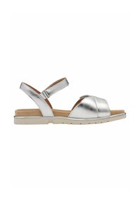 Sandali metallici argento con suola piatta, design open-toe e due cinturini regolabili per una vestibilità sicura. Rivestimento interno morbido per il comfort.