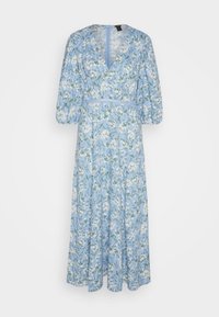 Robe midi bleu clair avec imprimé floral blanc, décolleté en V, manches bouffantes trois-quarts et taille froncée.