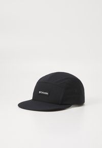Svart Columbia-cap med flat brem, strukturert design og en liten logopatch foran, laget av slitesterkt stoff med en glatt tekstur.