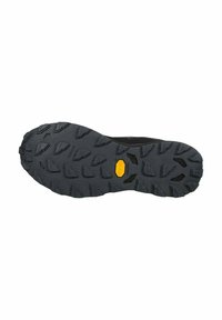 Suela de zapato de goma negra con una superficie texturada y surcos profundos para tracción, y un logo Vibram amarillo. Diseñada para la durabilidad.