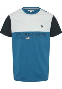 Paituli puuvillaa teal-värissä, tummansinisessä ja valkoisessa. Sisältää U.S. Polo Assn. -logon ja tummatekstit rinnassa. Tyylikäs värilohkottu muotoilu.