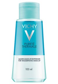 Vichy Pureté Thermale, a 100 ml clear liquid makeup remover in a turquoise bottle, with white text and a light blue cap.