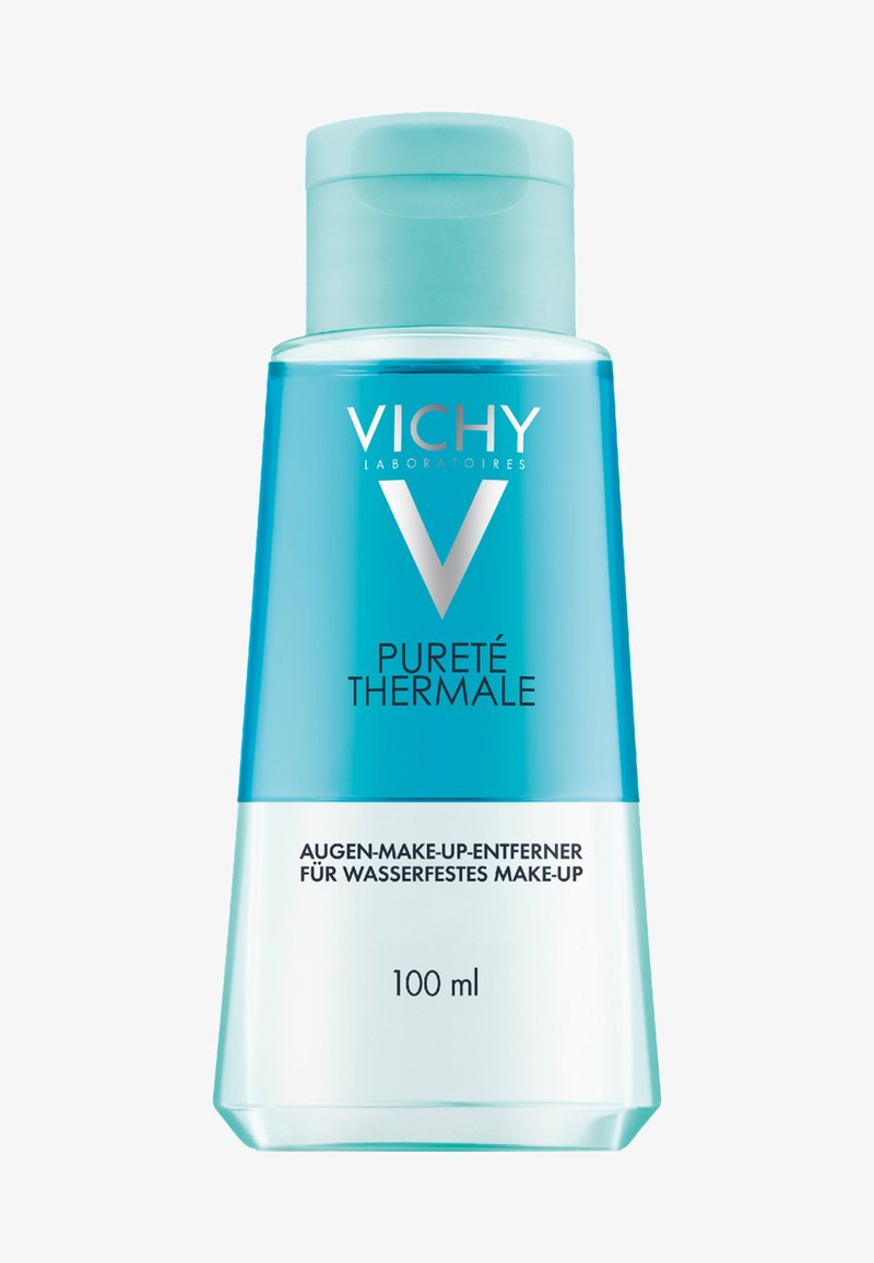 Vichy Pureté Thermale, a 100 ml clear liquid makeup remover in a turquoise bottle, with white text and a light blue cap.