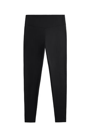 Colanți negri realizați dintr-un material neted și elastic. Prezintă o talie lată și un design cu picioare conice, potriviți pentru activități sportive sau purtat casual.