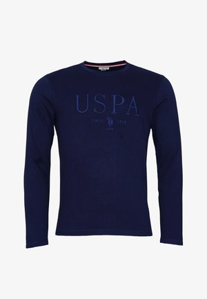 Marineblauwe longsleeve shirt van katoen. Bevat reliëf logo tekst "USPA" en kleine grafische details. Ronde hals met contrasterende accenten.