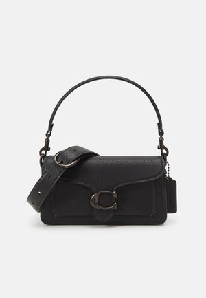 Black leather crossbody bag with a textured surface, adjustable strap, and silver hardware. Features a front flap with a clasp closure.