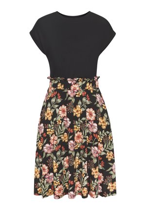 Schwarzes Kleid mit kurzen Ärmeln, tailliertem Schnitt und einem Rock mit farbenfrohem Blumenmuster in Orange-, Gelb- und Pinktönen sowie grünen Blättern.