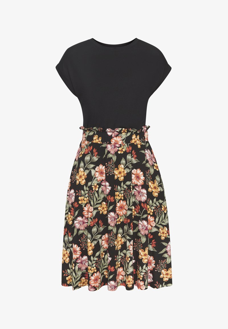 Robe noire à manches courtes avec une taille ajustée et une jupe présentant un motif floral coloré aux tons orange, jaune et rose avec des feuilles vertes.