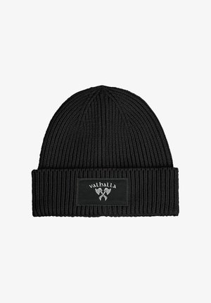 Black knitted beanie with folded cuff featuring a rectangular patch showing crossed axes and the word "valhalla" in white.