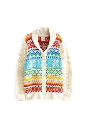 Cardigan en maille crème avec motifs Fair Isle multicolores, grand col, poignets côtelés et boutons sur le devant.