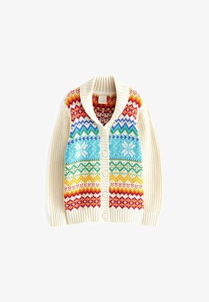 Cardigan en maille crème avec motifs Fair Isle multicolores, grand col, poignets côtelés et boutons sur le devant.