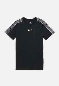 Black Nike T-shirt with white swoosh logo centered on chest and repeated "NIKE" text along shoulder seams.