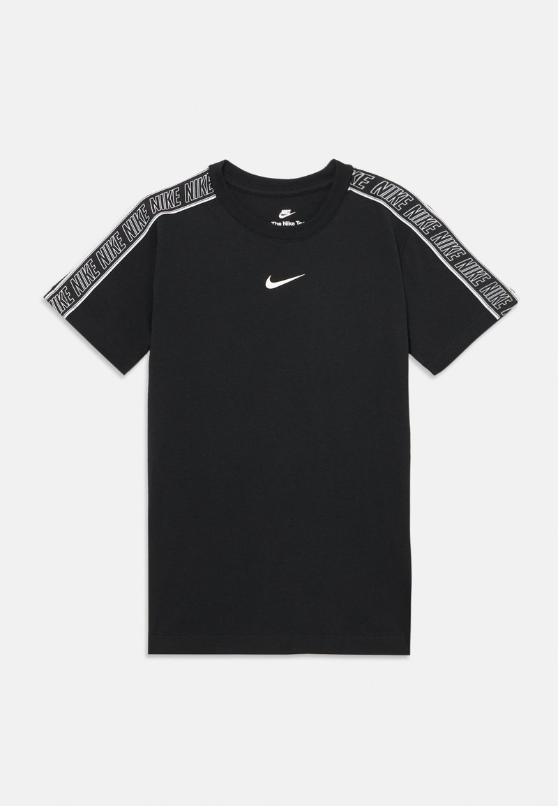 Black Nike T-shirt with white swoosh logo centered on chest and repeated "NIKE" text along shoulder seams.