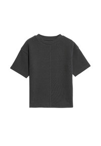 Donkergrijze T-shirt met korte mouwen, gemaakt van gestructureerde stof, met een ronde halslijn en een losse pasvorm. Geen zichtbare patronen of accenten.