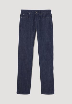 Jeans de mezclilla de un azul oscuro con corte recto, que cuentan con cinco bolsillos, un botón de metal y detalles de costura sutiles. Textura suave.