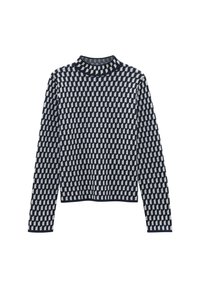Musterpullover mit Stehkragen, langen Ärmeln und geometrischem Design in Marineblau und Cremefarben. Hergestellt aus einem weichen Strickmaterial.