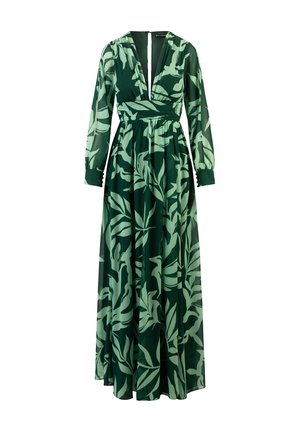 Długa zielona sukienka w liście, z głębokim dekoltem w kształcie litery V i elastycznym pasem. Posiada długie rękawy z dopasowanymi mankietami. Wykonana z lekkiego materiału.