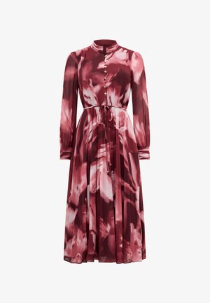 Long-sleeve, button-up dress in a burgundy and pink floral pattern. Made of lightweight fabric with a tied waist and pleated skirt.