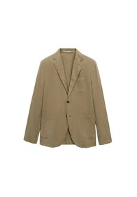 Blazer in cotone beige con revers a scollo, chiusura con un bottone e due tasche frontali. Presenta una tasca sul petto e una vestibilità rilassata.