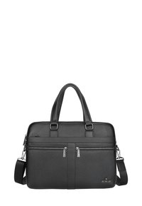 Black leather laptop bag with textured finish, dual zippered front pockets, sturdy handles, and an adjustable shoulder strap.