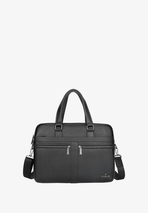 Zwarte leren laptoptas met een gestructureerde afwerking, dubbele voorvakken met ritssluiting, stevige handvatten en een verstelbare schouderriem.