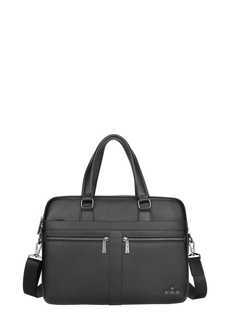 Black leather laptop bag with textured finish, dual zippered front pockets, sturdy handles, and an adjustable shoulder strap.