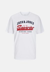 White cotton t-shirt featuring a crew neckline and short sleeves. Printed text in navy and red reads "JACK & JONES" and "Superior."