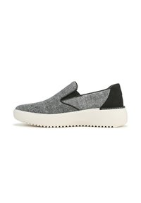 Slip-on shoes with a gray fabric upper and black leather accents. Features a white rubber sole with textured tread and elastic side panels.