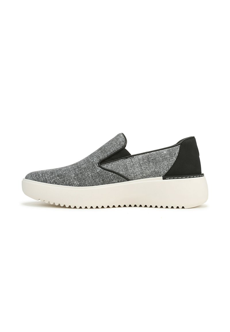 Slip-on shoes with a gray fabric upper and black leather accents. Features a white rubber sole with textured tread and elastic side panels.