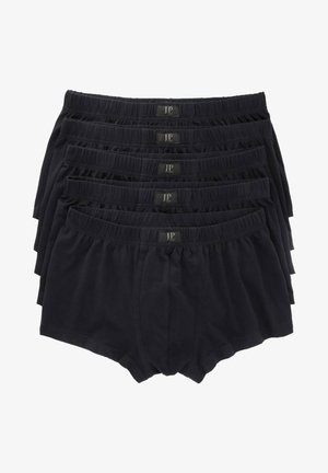 Boxer briefs in cotone nero impilati in fila. Presentano un elastico in vita con etichetta logo e una texture liscia e morbida. Sei paia esposti.