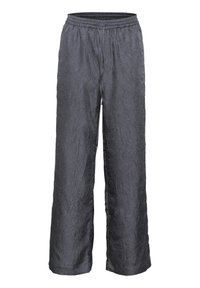 Szare spodnie o szerokich nogawkach wykonane z pomarszczonego materiału, z elastycznym pasem i sznurkiem do regulacji. Prosty fason bez widocznych wzorów i zdobień.