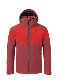 Rote wasserdichte Jacke mit hohem Kragen und Kapuze. Besitzt kontrastierende rote Einsätze, einen Reißverschluss und verstellbare Bündchen.