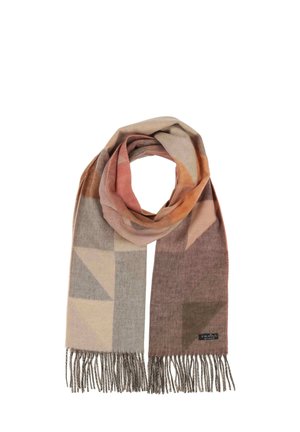 Sciarpa rettangolare con bordi sfrangiati, con motivi geometrici smorzati nei toni beige, grigio, rosa, arancione e marrone, piegata a forma di anello.