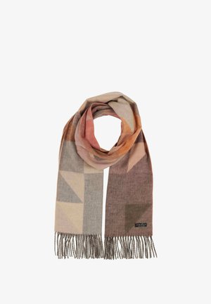 Sciarpa rettangolare con bordi sfrangiati, con motivi geometrici smorzati nei toni beige, grigio, rosa, arancione e marrone, piegata a forma di anello.