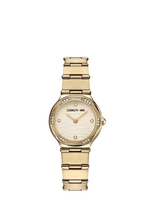 Montre-bracelet Cerruti 1881 en or avec cadran texturé, index heures en cristal et lunette sertie de cristaux sur un bracelet métallique à maillons.
