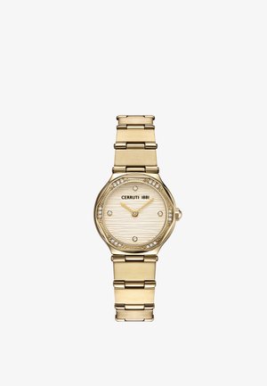 Montre-bracelet Cerruti 1881 en or avec cadran texturé, index heures en cristal et lunette sertie de cristaux sur un bracelet métallique à maillons.