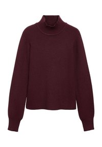 Pull col roulé bordeaux avec manches longues légèrement bouffantes et texture côtelée. Le modèle est court et ajusté pour une silhouette près du corps.