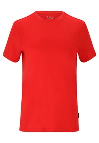 Effen rood T-shirt met korte mouwen en een ronde hals, met een klein logolabel dichtbij de onderste zoom aan de rechterkant.