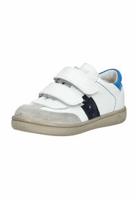Weiße Velcro-Schuhe mit grauen, marineblauen und blauen Akzenten. Aus Leder und Wildleder gefertigt, mit einer Gummisohle und gesteppten Details.