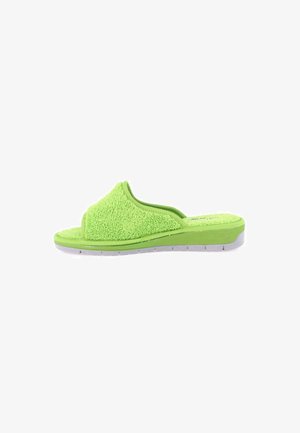 Pantofole aperte verde brillante con tomaia in tessuto morbido e testurizzato e suola leggermente rialzata e imbottita.