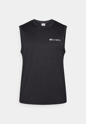 Μαύρο βαμβακερό αμάνικο t-shirt με στρογγυλή λαιμόκοψη και λευκό λογότυπο Champion στο αριστερό στήθος. Λεια υφή, άνετη εφαρμογή.