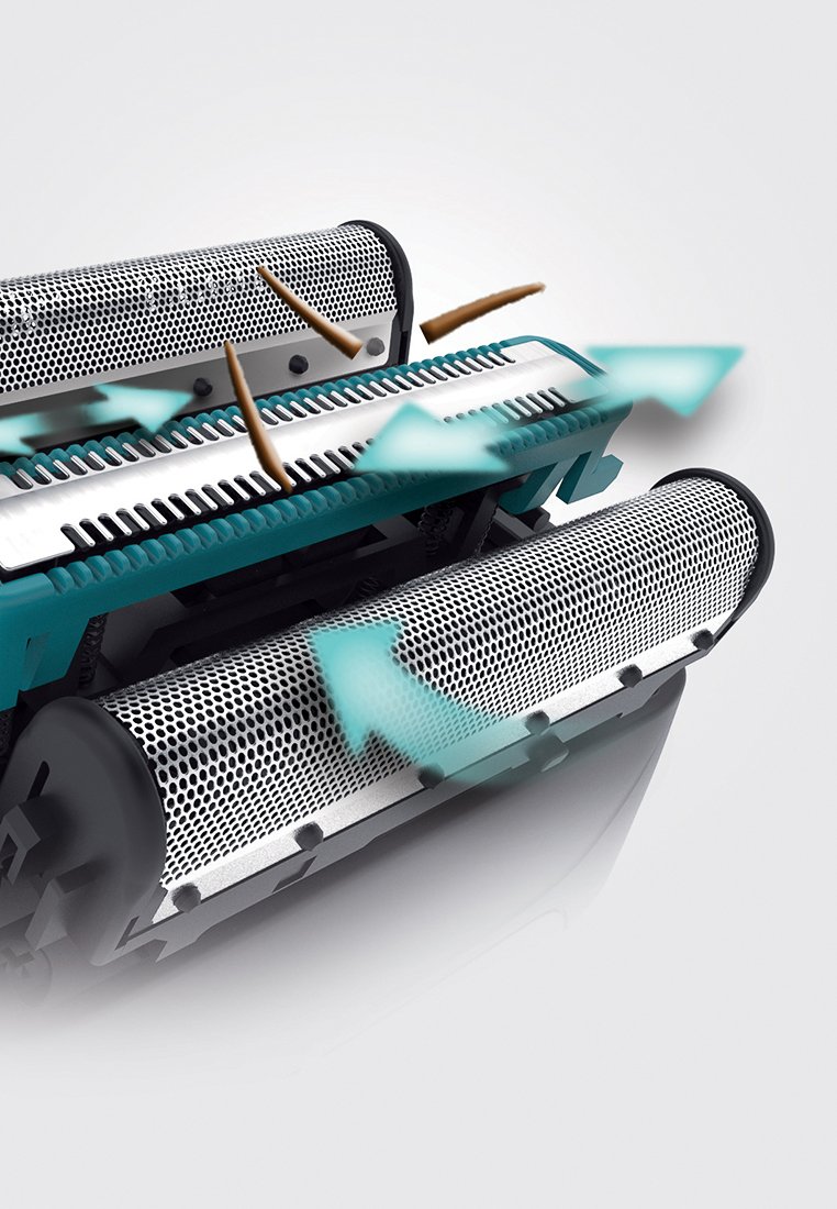 Plancha de pelo con superficie metálica negra y plateada, que presenta un diseño de barril perforado, acentos turquesa y gráficos de dispersión de calor.