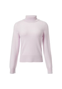 Helles rosa Rollkragenpullover aus weichem Strickstoff, mit langen Ärmeln, taillierter Passform sowie gerippten Bündchen und Saum.