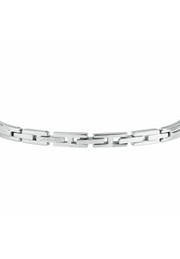 Bracciale in metallo argentato con maglie rettangolari e quadrate interconnesse con una finitura lucida; lieve marchio visibile su un link.