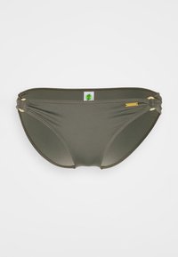 Olive green bikini bottom in smooth fabric, featuring knot detail on sides with gold accents and a small logo tag.