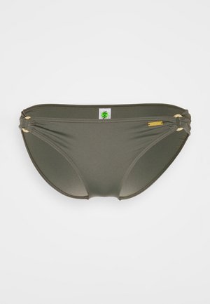 Olijfgroen bikinibroekje van gladde stof, met knoopdetail aan de zijkanten met gouden accenten en een klein logotag.