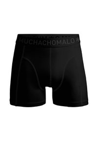 Fekete boxer alsónadrág elasztikus anyagból, fekete derékpánttal, amelyen belefoglalt logó található, rövid láb hosszúsággal és kontrasztos varrással.